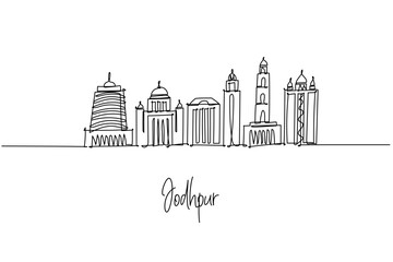 Naklejka premium single line drawing of Jodhpur city skyline highlighting Rajasthan desert heritage architecture, a minimalist art concept themed to the Blue City with Mehrangarh Fort palaces domes gates and towers.