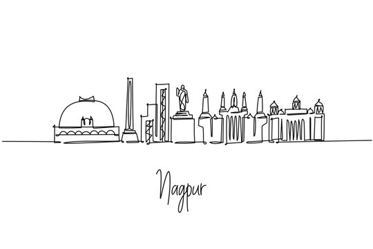 single line drawing of Nagpur city skyline displaying Maharashtra landmarks temples and structures, a minimalist art concept themed to the orange city with stupas statues spires and civic halls.