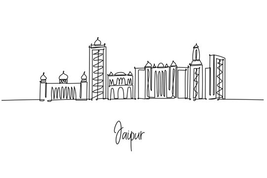 single line drawing of Jaipur city skyline highlighting Rajasthan heritage monuments and urban silhouettes, a minimalist art concept themed to the Pink City with palaces forts domes and towers.