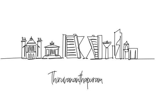single line drawing of Thiruvananthapuram city skyline illustrating Kerala coastal architecture, a minimalist art concept themed to the capital with Padmanabhaswamy temple towers offices and icons.