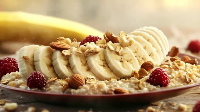 Sliced ripe bananas on oatmeal with nuts and berries, healthy breakfast full of vitamins, realistic detail