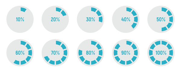 Set of circle percentage diagrams from 0 to 100 for infographic and user interface. Percentage infographics minimal elements. Round diagrams icons for infographics from 0 to 100 percent. Circle graph