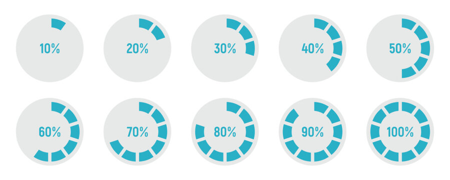Set of circle percentage diagrams from 0 to 100 for infographic and user interface. Percentage infographics minimal elements. Round diagrams icons for infographics from 0 to 100 percent. Circle graph