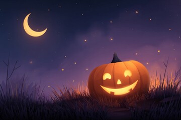Glowing jack-o'-lantern in moonlit grass with starry night sky