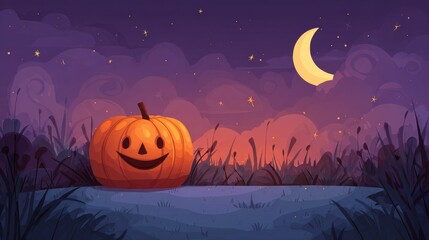 Halloween night scene with smiling jack-o'-lantern and crescent moon in starry sky