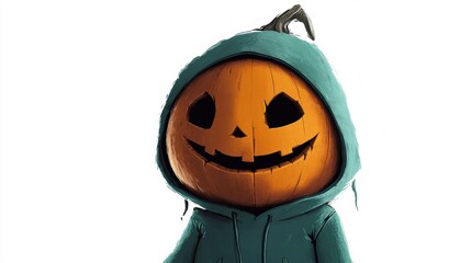 Smiling jack-o'-lantern in teal hoodie on white background
