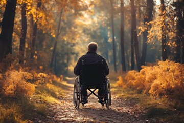 A man in a wheelchair walking down a path in the woods