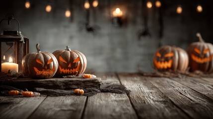 Halloween jack-o'-lanterns on rustic wooden table with candle and pumpkin decorations