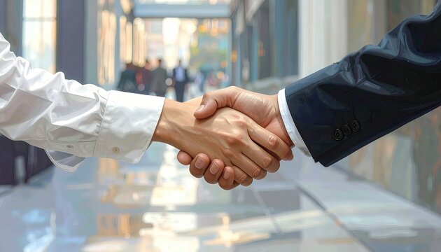 Business Handshake with Suit and White Shirt in Modern Building Hallway with Soft Lighting and Blurred Figures