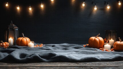 Rustic halloween still life with pumpkins, candles, and string lights on wooden table