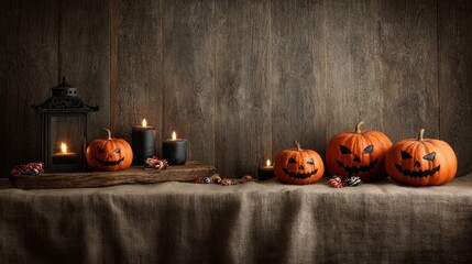 Jack-o'-lantern pumpkins and black candles on burlap against wooden wall