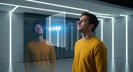 Man interacting with futuristic holographic display in a modern, neon-lit environment, showcasing advanced technology and innovation.
