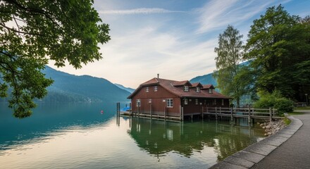 Obraz premium Lakeside cabin at dawn. Calm water reflects a rustic wooden house. Lush trees frame the serene scene