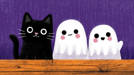 Adorable black cat and two smiling ghosts against purple background