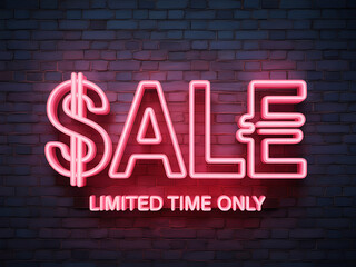 Neon dollar euro sale sign limited time offer glowing business retail promotion