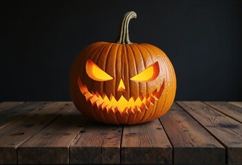 Obraz premium Scary halloween pumpkin placed on wooden table