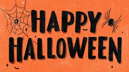 Vintage happy halloween banner with spider web and bat accents on orange background