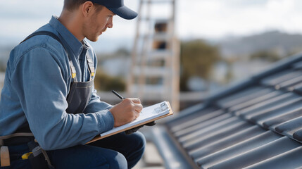 A contractor their clipboard heavy inspects a roof repair job the roof’s tiles misaligned. A worker kneels their gloves torn adjusting a tile with a pry bar its metal scratch