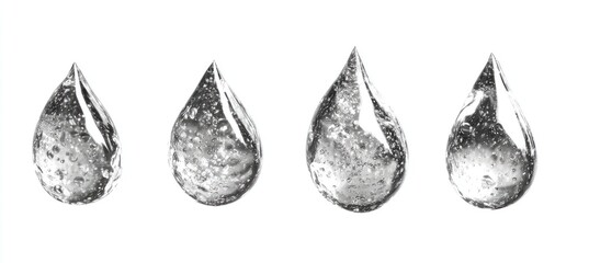 Four stylized water droplets, textured and outlined, in grayscale