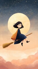 Young asian female child flying on broomstick with full moon in magical sky