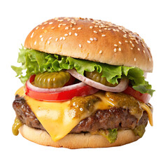 Mouthwatering Cheeseburger isolated on transparent background  
