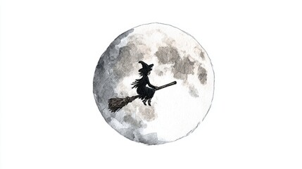 Watercolor witch silhouette flying across full moon on broomstick