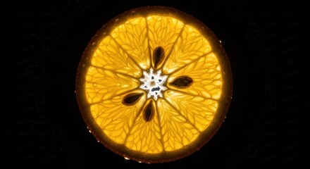 Translucent orange slice glows against a dark background showing fruit details well