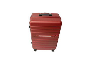 Red suitcase shown from a top angle with four wheels on a transparent background in PNG format. Modern hard-shell design.