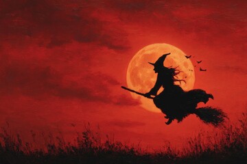 Silhouette of a witch flying on broomstick against full moon and red sky