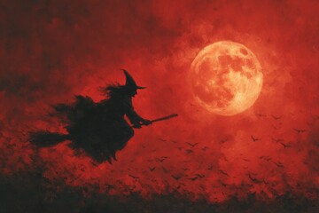 Silhouette of witch flying across red sky with full moon and bats
