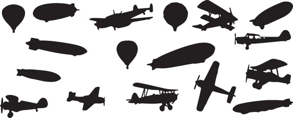 airplane silhouette vector, hot air balloon doodle, zeppelin outline sketch, aircraft shadow icons, travel plane outline, flight doodle drawing, aviation balloon icons, plane cartoon shadow, flying ai