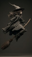Young caucasian female witch in flight on broomstick with flowing hair and traditional attire
