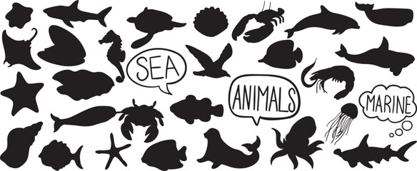 sea animals silhouette, fish shadow vector, whale outline art, dolphin silhouette icon, squid shadow logo, octopus shape design, sea turtle silhouette figure, jellyfish outline image, ocean marine ani