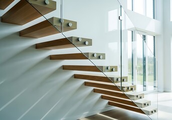 Floating wooden staircase with glass balustrade modern interior design