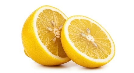 Two lemon halves showcasing juicy segments and seeds on a clean white backdrop
