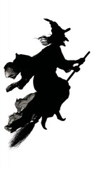 Silhouette of witch flying on broomstick with cape and hat
