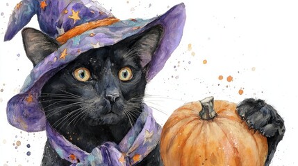 Halloween black cat with witch hat and pumpkin in watercolor art