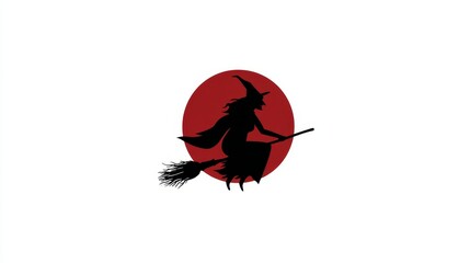 Silhouette of a witch flying on broomstick against red moon background