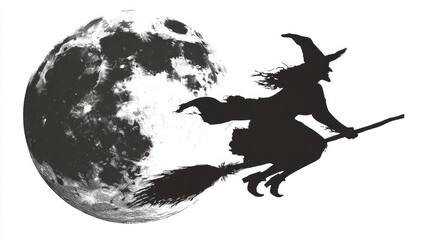 Silhouette of a witch flying on a broomstick against a full moon