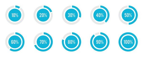 Set of circular sector arc percentage diagrams meters progress bar from 0 to 100. User Interface UI UX or Infographic. Loading indicator colorful progress on white background. Vector illustration