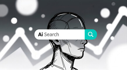 Motore di ricerca  basato su Ai su sfondo astratto a tema tecnologico con abbozzo testa di umanoide  - illustrazione grafica
