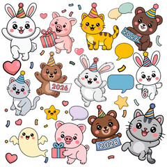 Fototapeta premium Cute Cartoon Animals Celebrating New Year 2026 with Party Hats and Confetti
