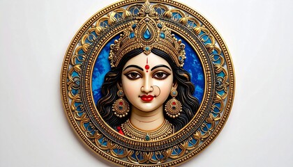 Ornate depiction of serene female deity with expressive eyes, traditional jewelry, red bindi, and circular blue-gold frame