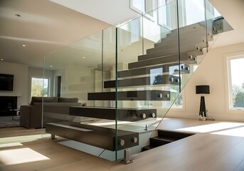 Fototapeta premium Modern interior design showcasing floating stairs with glass railing