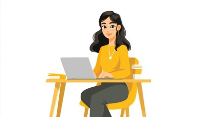 Professional woman working on laptop flat illustration