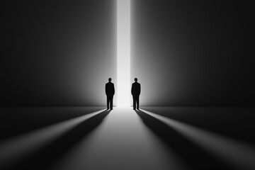 Two business men standing in front of giant light doorway in dark minimal space. Silhouettes with long shadows facing bright future, concept of decision, leadership and opportunity