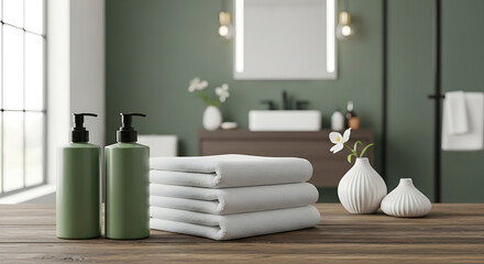 Elegant Bathroom Scene with Fresh Towels and Green Soap Dispensers for Relaxation and Hygiene