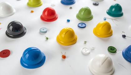 Colorful miniature hard hats scattered on white background with various sewing accessories