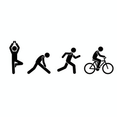 Obraz premium Vector pictogram collection of a person engaged in fitness exercises including yoga, stretching, running, and biking for a healthy lifestyle