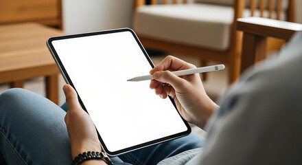 Person Using Tablet with Stylus for Digital Drawing or Note-Taking